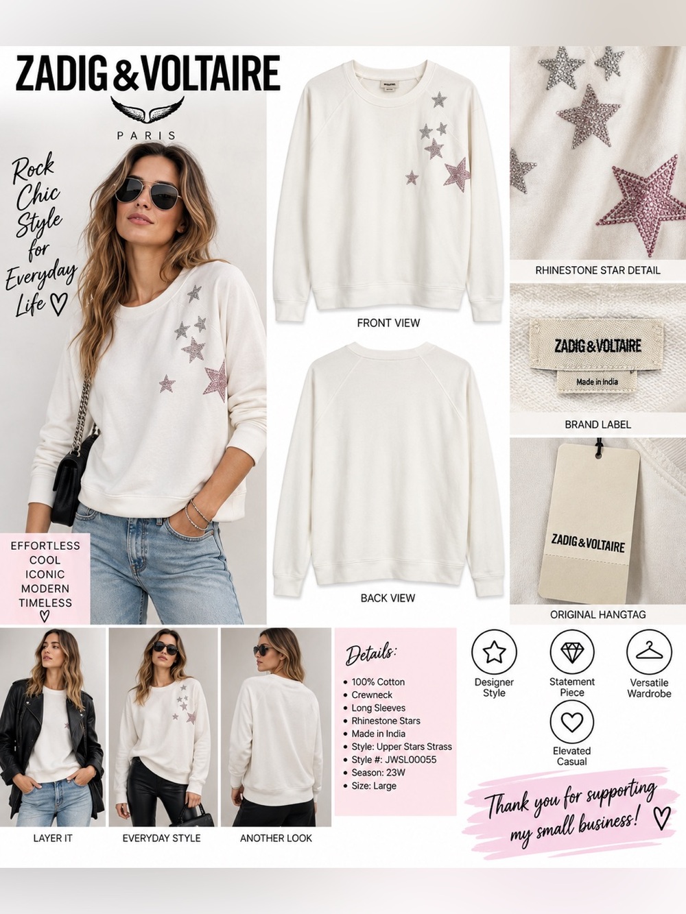 Zadig & Voltaire Upper Stars Strass Sweatshirt L White Rhinestone Star NWT